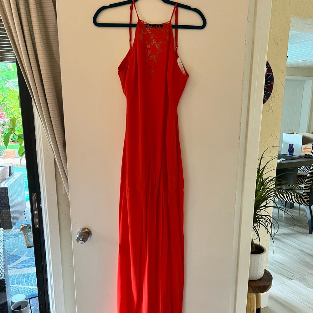 Maxi dress, comes to above ankle, orangy-red, high neck with lace.